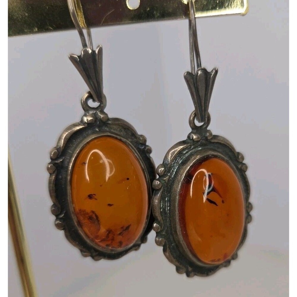Vintage 925 Sterling Silver Cognac Baltic Amber Oval 2" Dangle Earrings EUC 14g